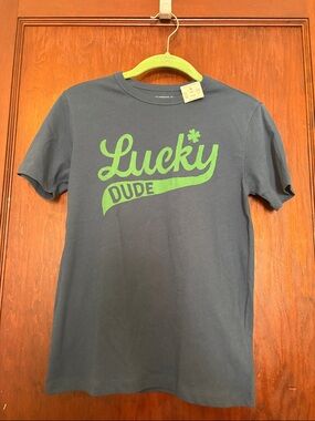 Crewcuts Navy Tee with Green 'Lucky' Graphic